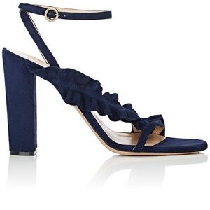 Chloé Suede Navy Ruffle Strappy Sandals with Block Heel, 39